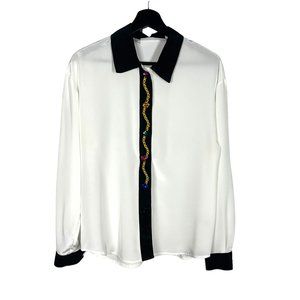Vintage 90s White Black Trim Long Sleeve Button Up Gem Buttons Top XL